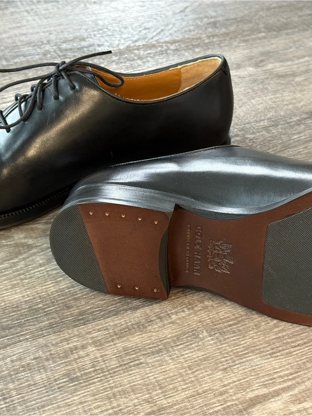 Cole Haan Black Leather Plain-Toe Derby Dress Shoes